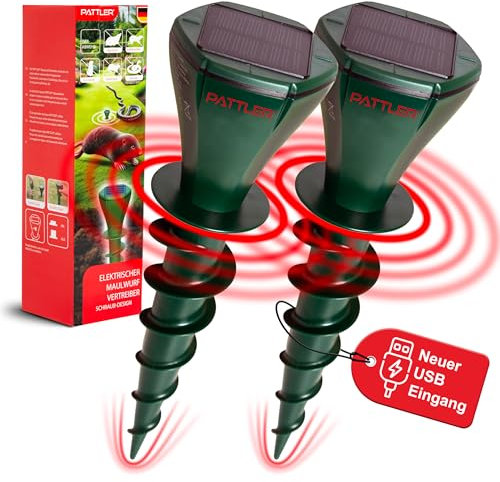 PATTLER® Lot de 2 répulsifs anti-taupes – Répulsif efficace contre les taupes sur env. 800 m² – Utilisation flexible grâce au panneau solaire – Le design innovant à vis augmente l'efficacité