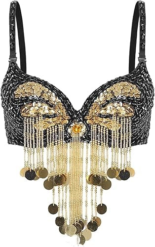 Haut court à armatures avec paillettes scintillantes et pompons pour femme, Noir , Taille unique