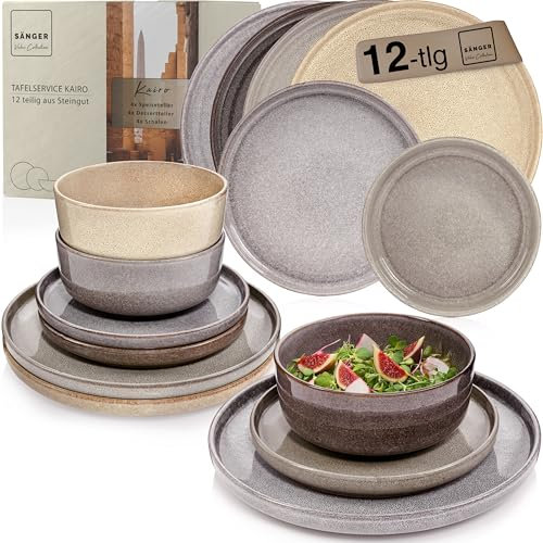 SÄNGER El Cairo Vajilla de 12 piezas, juego de vajilla de gres para 4 personas, 4 platos llanos, 4 platos de postre, 4 cuencos y cuencos multicolor, juego de platos hondos, colección Value Collection