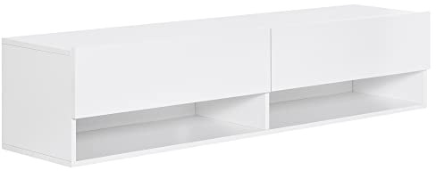 HOMCOM Mueble de TV Suspendido, Mueble de TV para Salón con 2 Cajones Abatibles, 2 Estantes Abiertos, Gestión de Cables, Estilo Moderno, para Televisión 60 Pulgadas, 140x32x31 cm, Blanco