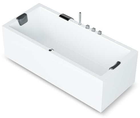 AQUADE Acryl Badewanne 170x75 cm Modell: ULM Badewanne Komplettset mit Wannenfüßen + Schürze + Ab-Überlauf-Garnitur + Wannenrandarmatur + Nackenkissen + LED/Konfigurieren Sie Ihre Wanne
