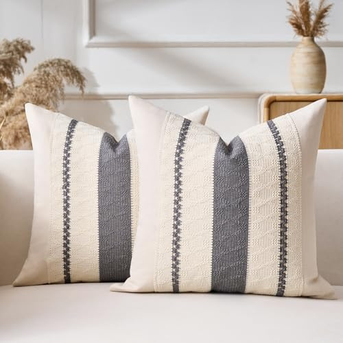 Aisybaklyn Fundas Cojines Moderno Gris Raya 45x45 cm Boho Textura Tejida Algodón Lino Funda Cojin 2 Piezas Bohemia Campo Decorativos Cojín para Dormitorio Sala de Estar Sofás Sillas Oficina