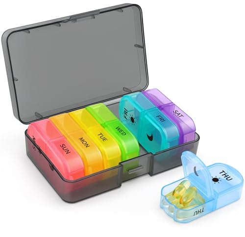 Opret Pill Organiser 7 Day, Weekly Pill Box 2 Times a Day for AM PM, Travel Tablet Organiser with 14 Large Compartments, for Vitamins Supplements Medication (Rainbow)