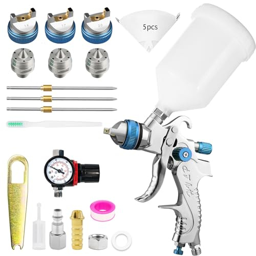 HVLP Lackierpistole Spritzpistole Kit mit 3 Düsen - 1,4/1,7/2,0mm, Farbspritzpistole Profi Lackierpistole Druckluft Schwerkraft Sprühgeräte mit 600 ml Plastikbecher&Luftdruckregler (Blau)