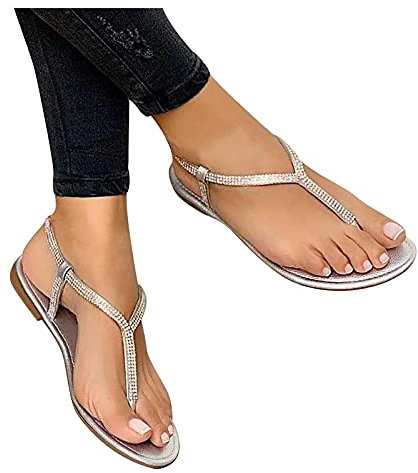 Rhinestone Sandals Women Summer Strappy Open Toe Thong Sandals Comfortable Flat Casual Summer Beach Ladies Shoes Cute Stylish Sliders Holiday Indoor Outdoor