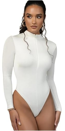 Sukiglam Women's Bodysuits Long Sleeve Front Zip Body Suits Sexy Turtleneck/V Neck Ladies Thong Bodysuit Top Basic Slim Fit Leotards Tops Stretchy One Piece T Shirt Casual Going Out Blouse