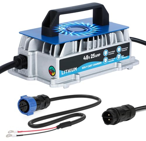 KAISAL 48V Cargador de baterías de Litio, Cargador LiFePO4 de batería 58.4V 25A, 1250 W, con Ventilador de refrigeración, para Carritos de Golf, Barcos, Autocaravanas y Solares. Impermeable IP67