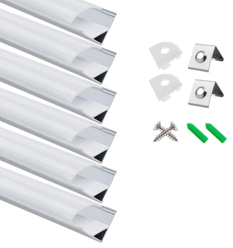LightingWill LED-profil 6 × 1 m, V-formad aluminiumprofil i silver med mjölkvitt lock, ändlock och monteringsklämmor för LED-remsor