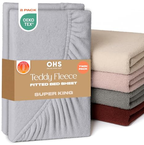 Brentfords 2 Pack Super King Bed Sheet, Soft Warm Thermal Super King Teddy Fleece Fitted Sheet Deep Pocket 25cm Fade Resistant Cuddly Cosy Fluffy Teddy Bear Bedding 2 Pack, Grey Silver