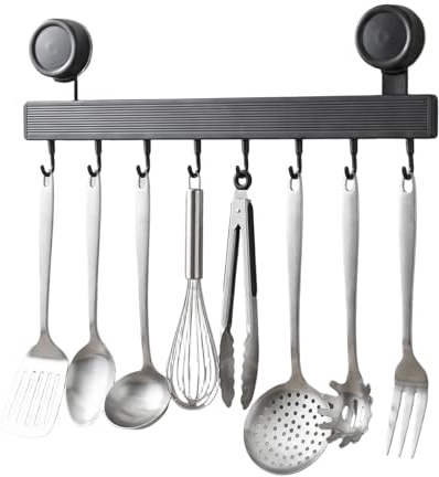 Samlonge Barre de Cuisine Ustensile Sans Perçage Avec Ventouse, Porte Ustensiles Mural 40 cm Ventouse Amovible Barre Sans Perçage 8 Crochets Support Ustensiles Cuisine pour Suspendre ustensiles