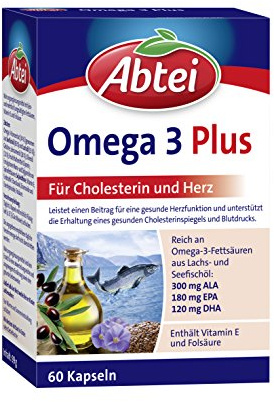 Abtei Omega 3 Plus - Nahrungsergänzungsmittel reich an Omega-3-Fettsäuren für den Cholesterinspiegel und die Herzfunktion - mit Vitamin E und Folsäure - 1 x 60 Kapseln