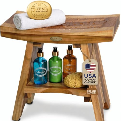 EcoDecors Teak Shower Bench 18, 300 lb Capacity – Waterproof Wood Bath Seat with Shelf, Spa Seating for Adults – Compact Fit for Small Bathrooms & Walk-in Showers – Slip-Resistant Feet