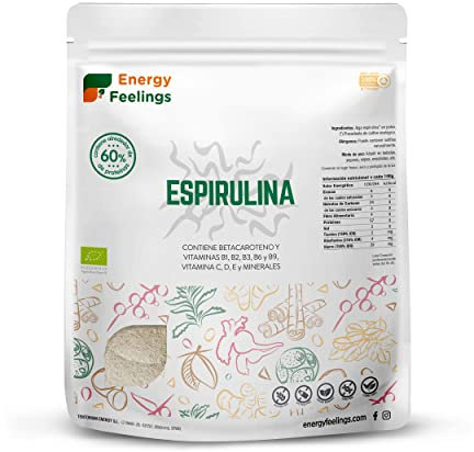 Energy Feelings Spirulina Eco - 1000 gr, 60% de Proteína, Proteína en Polvo Vegana y Ecológica, Rica en Vitaminas y Minerales, Sin Lactosa, Sin Gluten, Ideal para Sopas y Ensalada, Pack XXL