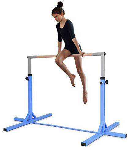 DREAMADE Kinder Gymnastik Turnreck, Reckstange 12-stufige höheverstellbar, Trainingsstange Tanzstange bis 100kg belastbar für Kinder Junior, Trainingsgeräte aus Stahlgestell & Massivholz (Blau)