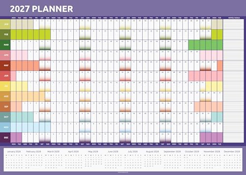2027 Wall Planner A3 - Full Year to View 42cm x 29cm Family Yearly Wall Chart - UK Calendar for Home Office School Teacher (Rainbow)