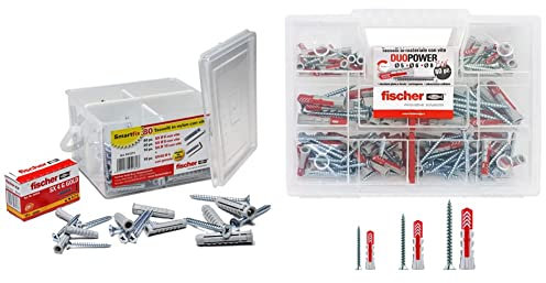 Fischer KIT DUOPOWER, Valigetta 80 Tasselli universali Duopower con Vite Assortiti & Kit Smartfix Box, 80 Tasselli con Vite con Gancio per Muro Pieno e Mattone Forato