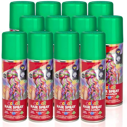 Pack 12 Laca de Pelo Color Verde 125ml - Spray Colores para Cabello Rápida coloración, Lavable