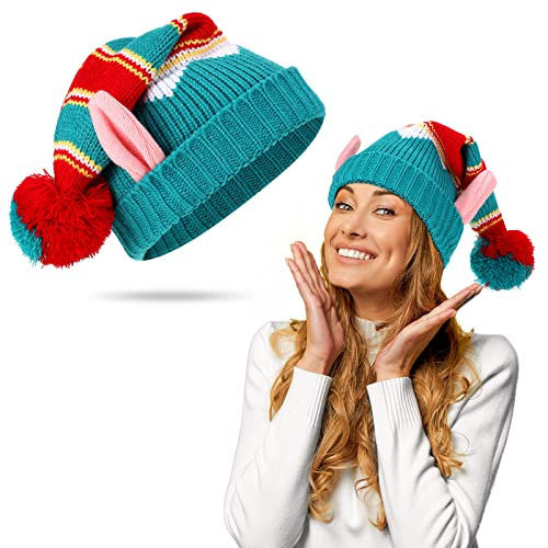 SATINIOR Weihnachten Mütze Elfenhut Weihnachtsmütze für Herren Damen Winter Weihnachtshut Gestrickte Warme Bommelmütze (Lebendig)