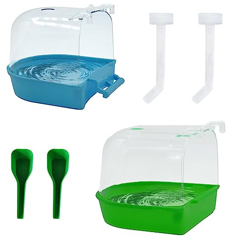 PINVNBY 2Pcs Bird Bath for Cage,Parrot Bathtub for Cage,Hanging Bird Bathing Tub with 2Pcs Water Injector and 2Pcs Feeding Spoon for Canary Budgerigar Lovebird Birds (Blue and Green)
