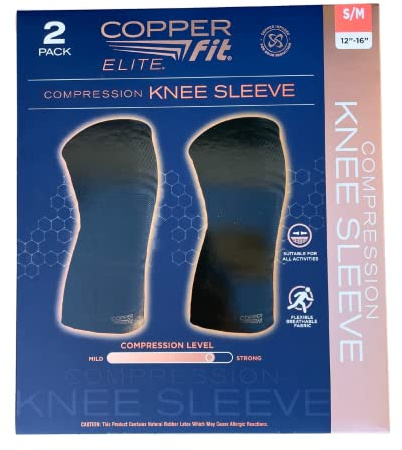Copper Fit Elite Knee Compression Sleeve Knee Brace 2-Pack, Black (Small/Medium 12-16)