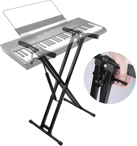 GUITTO Keyboard Piano Stand Gas Spring, One-Button Easy Height Adjustable Double-X Music Stand with Locking Straps and Non-Skid Pads for 49, 61, 76 & 88 Key Digital Electric Pianos, GKS-02