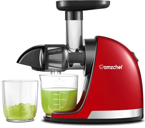 AMZCHEF Extractor de zumos y verduras - Licuadora prensado en frío - Cold press slow juicer machine con función de masticación inversa - Licuadoras para zumos con 2 depósitos y cepillo - Rojo