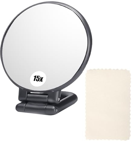 SLEEKEE 1 loupe à main, 1 chiffon de nettoyage pour lentilles, miroir de maquillage double face avec grossissement 15x, miroir de voyage pliable pour maquillage et soin du visage (noir, 15 fois)