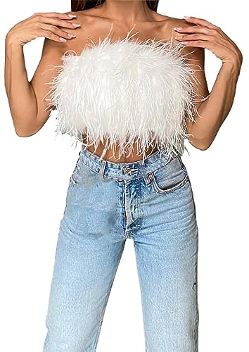 Generic Top de tubo para mujer con plumas, sexy, cremallera, bandeau, sin mangas, camiseta de manga corta, elegante, corsé, parte superior festiva, boda, fiesta, club, bandeau tops, Blanco, M