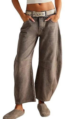 Dola22g Jean baggy Boyfriend pour femme - Jambe large - Taille mi-haute - Denim, 3 - Café, M