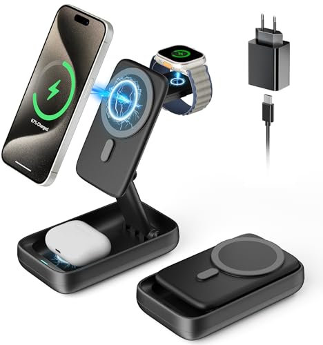 KPON Faltbare 3 in 1 Magsafe Ladestation für Apple,15W MagSafe Ladegerät kompatibel mit iPhone,Apple Watch,AirPods,Ladeständer mit verstellbarem Winkel, Laden ohne Wärmeentwicklung