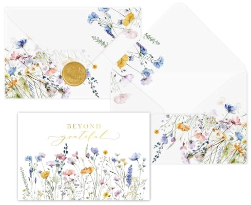 Gooji 4x6 Meadow Bloom Beyond Grateful Floral Thank You Cards, Bridal Shower, Wedding, Baby Shower, Birthday, Small Business (Bulk 20 Pack) Vellum Envelopes