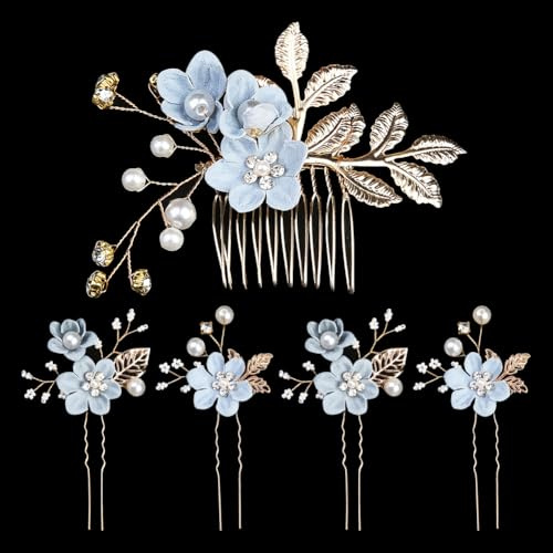 Lot de 5 épingles à cheveux en forme de fleur pour mariée - Peigne à cheveux en cristal - Pour demoiselles d'honneur - Bleu