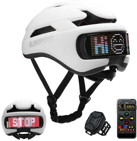 Bike Helmet for Adult Men Women, Bicycle Helmet with LED Display, Ebike Helmet with Remote and App, Cycling Helmets with Turn Signals, Rear Light, DIY Image, Mens Bike Helmets Fit 22-24in (White)