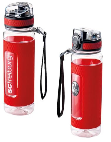 SC Freiburg Tritan Trinkflasche transparent-rot mit Silikon-Manschette 0,5 l Flasche