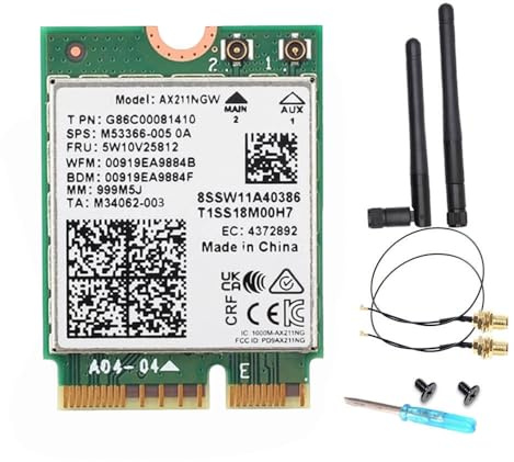 Carte Intel AX211 WiFi 6E, tribande, jusqu'à 2,4 Gbit/s, M.2 CNVio2, Bluetooth 5.3, compatible Windows 10/11 Linux