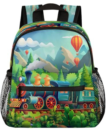 Mexpekil Mochila infantil con diseño de tren de vapor en el bosque de dibujos animados para niños y niñas, mini mochilas para niños, mochila escolar para preescolar, jardín de infantes, mochila de
