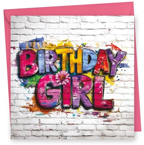 Birthday Card for Girl. Graffiti Design. 150x150mm supplied with Envelope. Eco-friendly. Message inside. Made in Britain.
