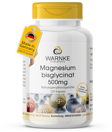 Magnesiumbisglycinat 500mg - 120 kapslar - 300mg elementärt magnesium per daglig dos - HÖG DOS - Tysk apotekskvalitet - vegansk | Warnke Vitalstoffe