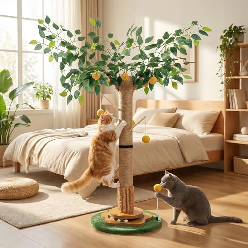 DOKKOME Árbol rascador para gatos con cuerda de sisal de primera calidad, rascador para rascar, bolas colgantes interactivas, juguete para interiores, rascadores, gatitos y gatos