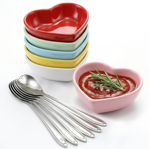 Mssushi 6Stk Herzförmige Dipschalen Keramik 70ml/2oz, Snackschale Herz Kleine Mit Löffel, Dippschälchen Set, Sojasauce Schälchen für Sushi, Snack, Gewürze, Saucen, Soße(Farbig)