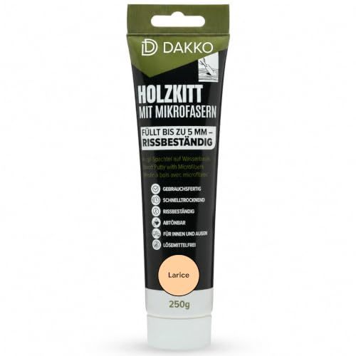 DAKKO Stucco per Legno Riempitivo 250 g, Larice - Stucco in Pasta con Microfibre di Bambù, Pronto all’Uso per Mobili, Porte, Fori e Crepe, Interni ed Esterni, Resistente alle Crepe