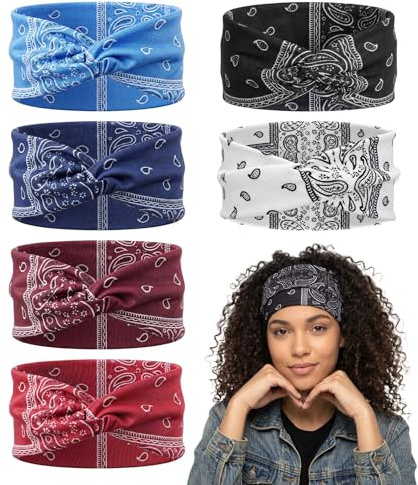Amabro 6Pcs Paisley Bandana Headband Elastic Wide Knot No Slip | Hair Accessories Boho Summer Headwraps for Women Yoga Workout Beach Party