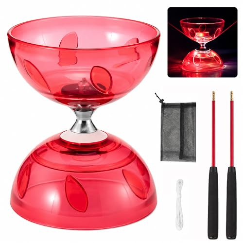 ZMCVOE Diabolo med kullager, LED-Diabolo kullager med professionellt pinne, transparent mjukt gummi DIABOLO lysande, jongleringsleksak för vuxna, proffsspelare och nybörjare (röd)