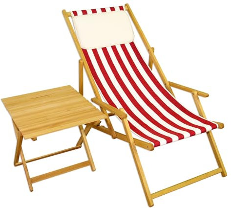Erst-Holz Sedia da Giardino-Spiaggia Bianco-Rossa in Faggio con tavolino e Cuscino Chiaro 10-314NTKH