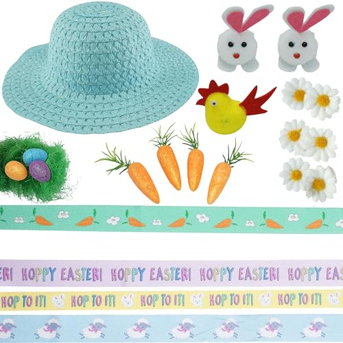 SRV Hub® - Set di 2 coniglietti pasquali con carote ed erba, decorazione fai da te per la casa e il giardino, con carote artificiali e erba pasquale, 2 pezzi