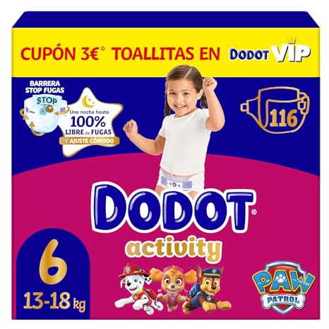 Dodot Pañales Bebé Activity, Talla 6 (13-18 kg), 116 Pañales, Hasta 12h de Protección Antifugas y Ajuste, Pack Mensual
