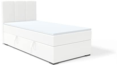 FEDVE Boxspringbett 90x200 Weiß Öko-Leder – Gandia Mini – Praktisches Bett mit Bettkasten Rechts – Gemütlich Kopfteil Bett mit Matratze – Einzelbett zum Schlafzimmer
