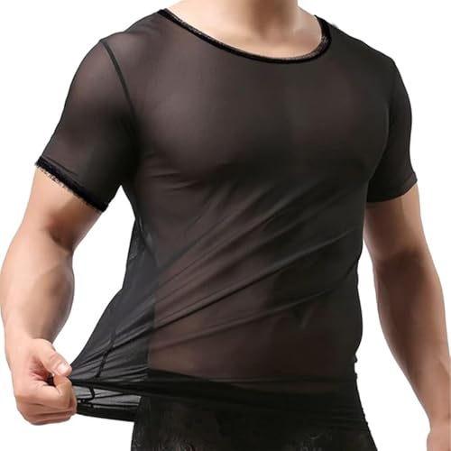 ZONBAILON Mens Sexy Mesh Fitted Shirt Short Sleeve See Through Transparent Muscle T-Shirts Top for Male 1 Pack Black L