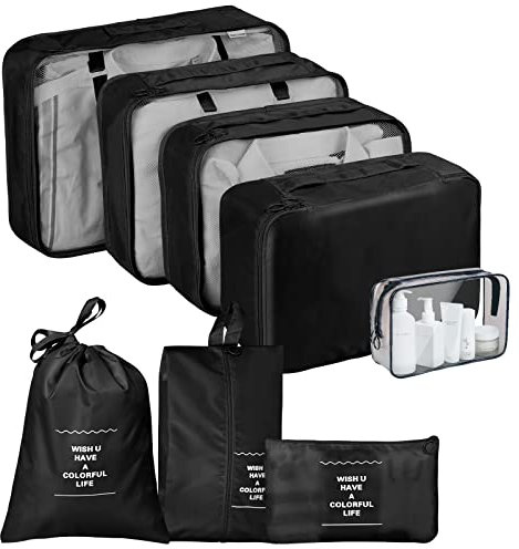 TENXSNUG Koffer Organizer Packwürfel Set, 8-Teilig Travel Organizer Packing Cubes Leicht Kofferorganizer Reisetasche Packtaschen Rucksack für Kleidung Schuhe Unterwäsche Kosmetik, Schwarz