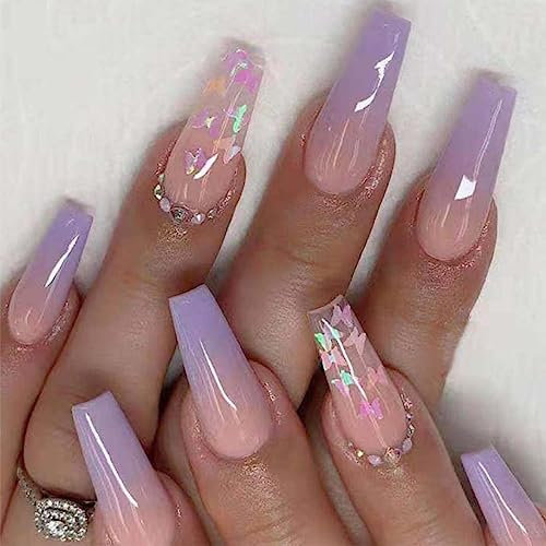 WOOXDYUK 24 Stück Lange künstliche Nägel mit französischer Spitze zum Aufdrücken der Nägel, Sarg-Nagelnägel zum Aufkleben mit Schmetterlingsdesign, lila Nägel für Frauen